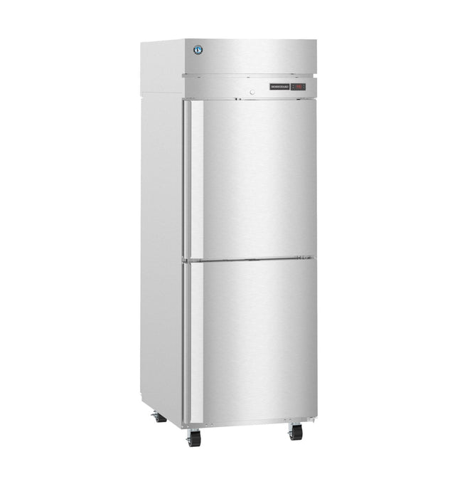 A tall, stainless steel reach-in commercial refrigerator with two vertically stacked doors, digital display, and black wheels for mobility. The sleek surface is reflective, and the top features a control panel and prominent logo.