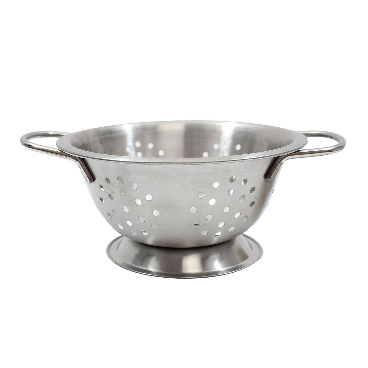 A stainless steel mini colander with two side handles and a circular base. The bowl features evenly spaced round holes for draining, and its matte metal surface is empty, photographed on a white background.