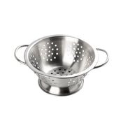A shiny stainless steel mini colander with two handles, a wide base, and evenly spaced round holes for draining water from food sits on a white background.