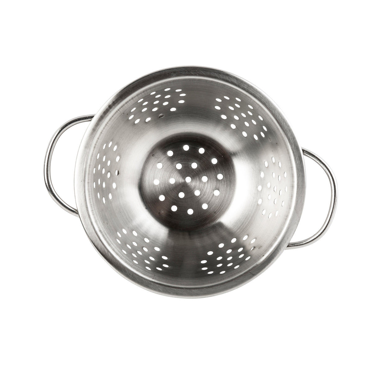 A stainless steel mini colander viewed from above, with two handles on opposite sides and multiple small round holes evenly distributed throughout, set against a white background.