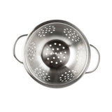 A stainless steel mini colander viewed from above, with two handles on opposite sides and multiple small round holes evenly distributed throughout, set against a white background.