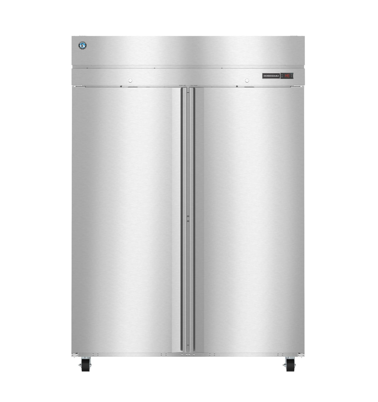 A commercial pass-thru refrigerator stands upright with stainless steel doors, two vertical handles, and a small digital display on the top right. The unit sits on four black legs and features a modern, industrial design.