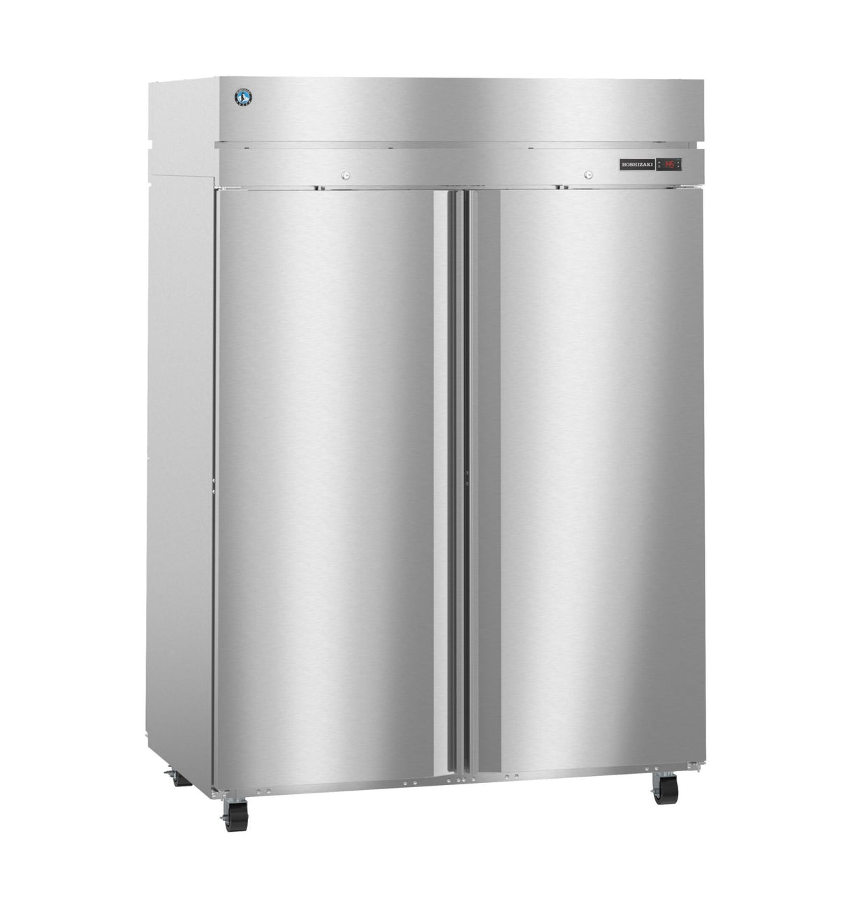A stainless steel, double-door pass-thru refrigerator stands on four black caster wheels. The surface is smooth with vertical handles on each door, and a small electronic display panel is visible on the upper right section of the front.