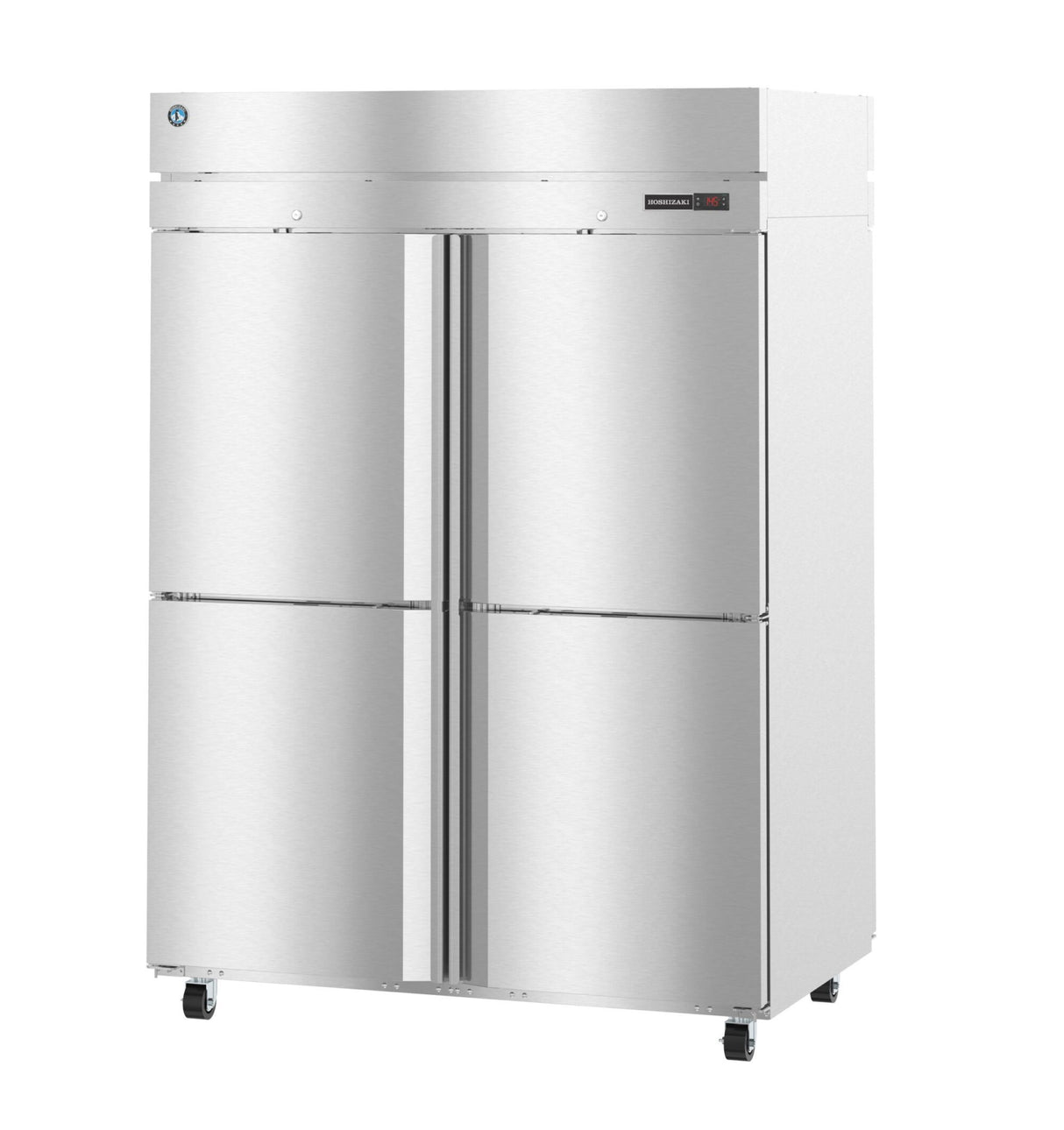 A commercial refrigerator with four vertical stainless steel doors, each with a recessed handle. The unit stands on black caster wheels, features a digital control panel on the top right, and boasts a sleek, industrial design.