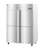 A commercial refrigerator with four vertical stainless steel doors, each with a recessed handle. The unit stands on black caster wheels, features a digital control panel on the top right, and boasts a sleek, industrial design.