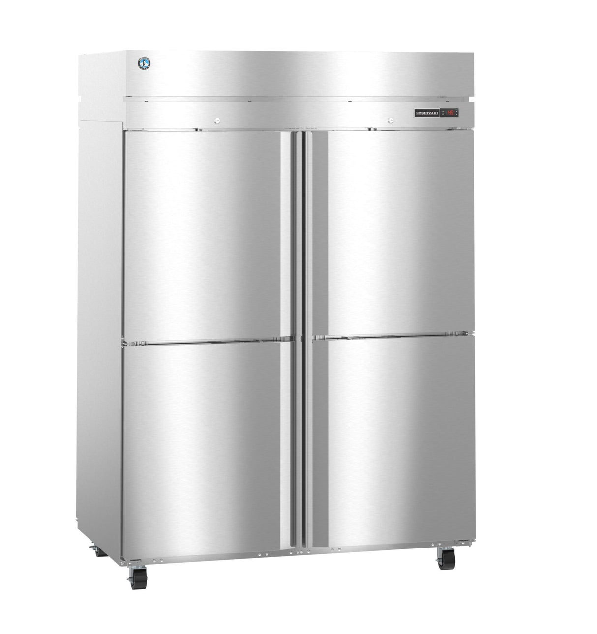 A large commercial refrigerator with stainless steel doors and four vertical compartments—two on top, two on bottom. It features a digital display, sturdy handles, easy mobility with four wheels, and a clean, reflective exterior.