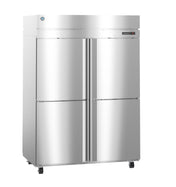 A large commercial refrigerator with stainless steel doors and four vertical compartments—two on top, two on bottom. It features a digital display, sturdy handles, easy mobility with four wheels, and a clean, reflective exterior.