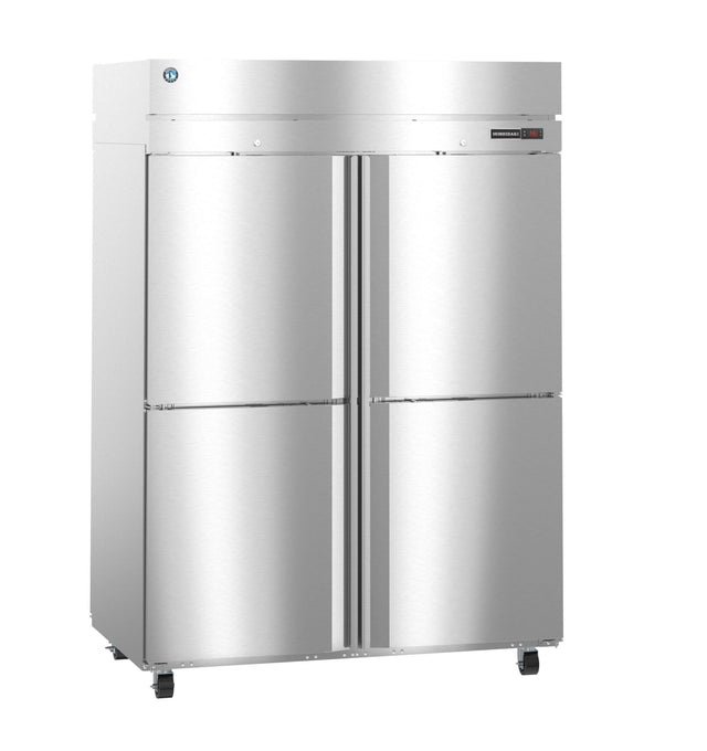 A large commercial refrigerator with stainless steel doors and four vertical compartments—two on top, two on bottom. It features a digital display, sturdy handles, easy mobility with four wheels, and a clean, reflective exterior.