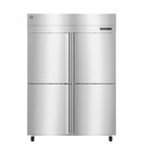 A commercial reach-in stainless steel refrigerator with four vertically aligned doors, a sleek design, and a digital display on the upper right. The unit stands on small black legs against a white background.