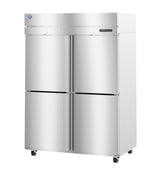 A large, commercial reach-in stainless steel refrigerator with four doors, digital temperature display, and a vent near the top; it stands on small wheels for mobility and has a sleek, industrial look ideal for kitchens or food service settings.