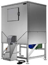 A large, industrial metal machine with a box-like upper section, a front access door, angled sides, and a dispensing chute at the bottom. This Hoshizaki Ice Bagging System features sturdy legs with bolts and visible motor and cables underneath.