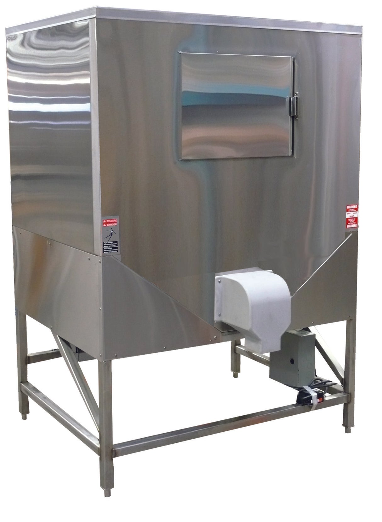 A large, industrial stainless steel Hoshizaki machine with a square shape, mounted on four metal legs. It features a front-facing rectangular access door and a white attachment at the bottom, likely part of its Ice Bagging System. Reflective, clean surface.