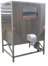 A large, industrial stainless steel Hoshizaki machine with a square shape, mounted on four metal legs. It features a front-facing rectangular access door and a white attachment at the bottom, likely part of its Ice Bagging System. Reflective, clean surface.