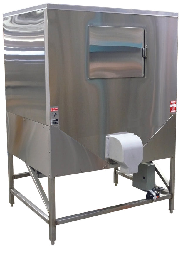 A large, industrial stainless steel Hoshizaki machine with a square shape, mounted on four metal legs. It features a front-facing rectangular access door and a white attachment at the bottom, likely part of its Ice Bagging System. Reflective, clean surface.