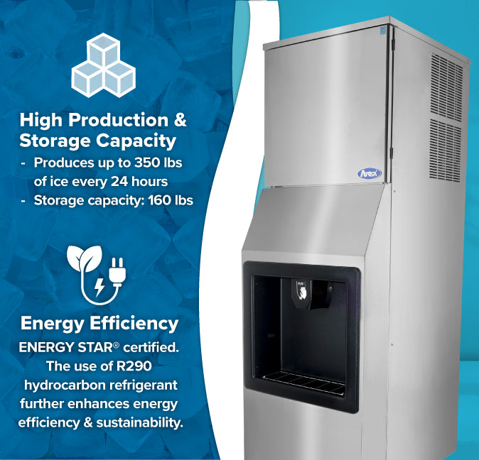 Tall, stainless steel hotel ice machine against a blue background. Text highlights: “High Production & Storage Capacity—up to 350 lbs full cube ice every 24 hours, storage 160 lbs.” ENERGY STAR certified, uses R290 refrigerant for energy efficiency and sustainability.