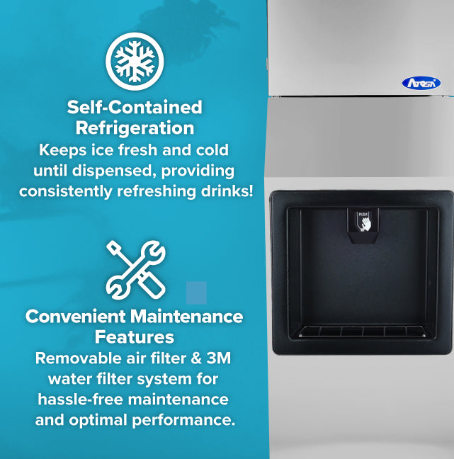 Split image: Left side features blue background with snowflake, wrench icons, and text about self-contained refrigeration and maintenance. Right side highlights a hotel ice machines dispenser area with a silver lever for filling drinks with full cube ice.