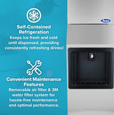 Split image: Left side features blue background with snowflake, wrench icons, and text about self-contained refrigeration and maintenance. Right side highlights a hotel ice machines dispenser area with a silver lever for filling drinks with full cube ice.