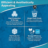 An infographic with a blue ice-themed background highlights a hotel ice machine: high production and storage (350 lbs/day, 160 lbs stored), single push chute, full cube ice size (7/8x7/8x7/8), and Energy Star-certified R290 refrigerant.