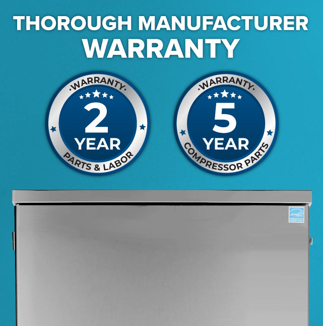 A blue background features large white text reading Thorough Manufacturer Warranty. Below are two circular badges for our hotel ice machine: one for 2 Year Parts & Labor Warranty and one for 5 Year Compressor Parts Warranty. A stainless steel appliance is shown.