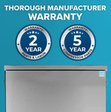 A blue background features large white text reading Thorough Manufacturer Warranty. Below are two circular badges for our hotel ice machine: one for 2 Year Parts & Labor Warranty and one for 5 Year Compressor Parts Warranty. A stainless steel appliance is shown.