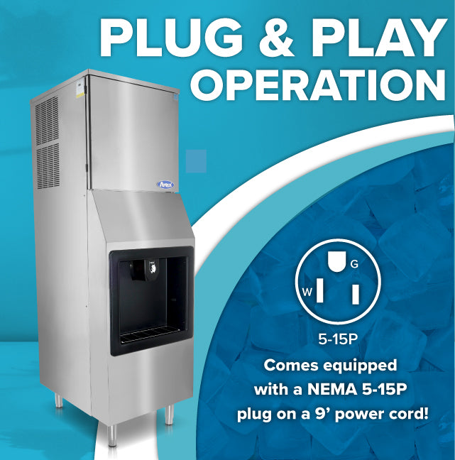 A stainless steel hotel ice machine stands on four legs against a blue background with full cube ice. Text reads “Plug & Play Operation” above, highlighting a NEMA 5-15P plug on a 9 cord, with a plug diagram and wiring labels: W, G, L.