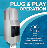 A stainless steel hotel ice machine stands on four legs against a blue background with full cube ice. Text reads “Plug & Play Operation” above, highlighting a NEMA 5-15P plug on a 9 cord, with a plug diagram and wiring labels: W, G, L.