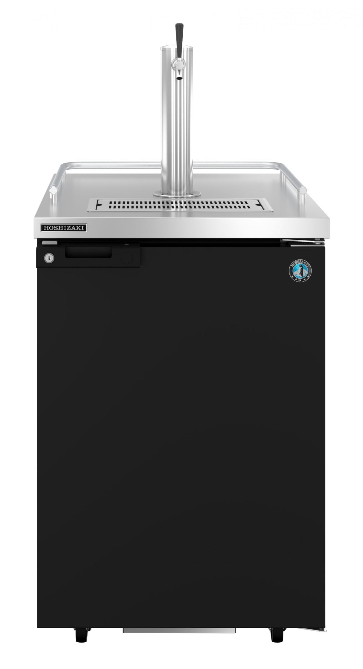 A sleek black draft beer cooler with a stainless steel top, featuring a central direct draw beer tap. The upright handle and built-in drip tray add convenience, while a small logo badge accents the upper right of the unit’s door.