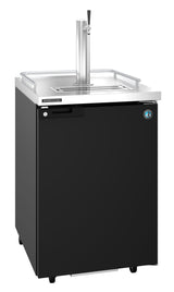 A black, freestanding keg cooler with a stainless steel top, drip tray, and single draft beer tap. The appliance has small wheels for mobility and features a logo sticker on the upper right corner of the front door—a perfect direct draw Draft Beer Cooler.