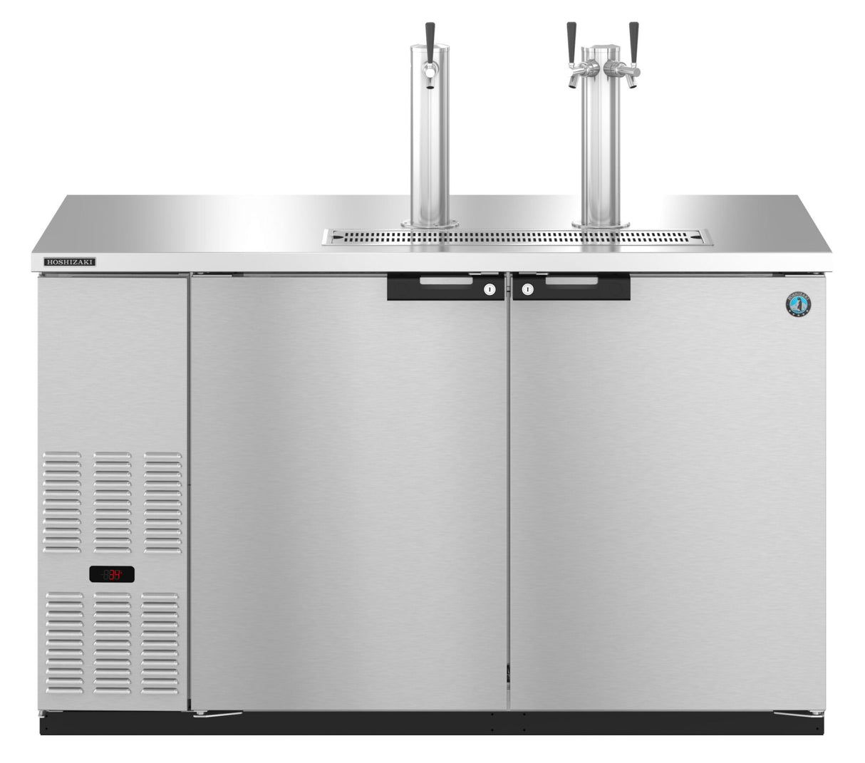 A commercial stainless steel draft beer cooler with two direct draw tap towers, three front doors, a digital temperature display on the lower left, and ventilation grilles. The sleek surface is designed for dispensing draft beverages in style.