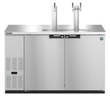 A commercial stainless steel draft beer cooler with two direct draw tap towers, three front doors, a digital temperature display on the lower left, and ventilation grilles. The sleek surface is designed for dispensing draft beverages in style.