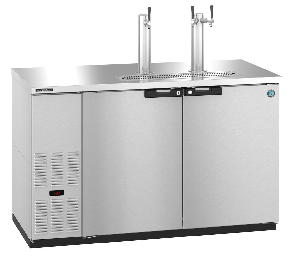 A stainless steel Draft Beer Cooler with two vertical taps, double doors, a digital temperature display, and left-side ventilation slots, designed as a direct draw system for dispensing draft beer in bars or restaurants. The top surface is flat and easy to clean.