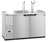A stainless steel Draft Beer Cooler with two vertical taps, double doors, a digital temperature display, and left-side ventilation slots, designed as a direct draw system for dispensing draft beer in bars or restaurants. The top surface is flat and easy to clean.