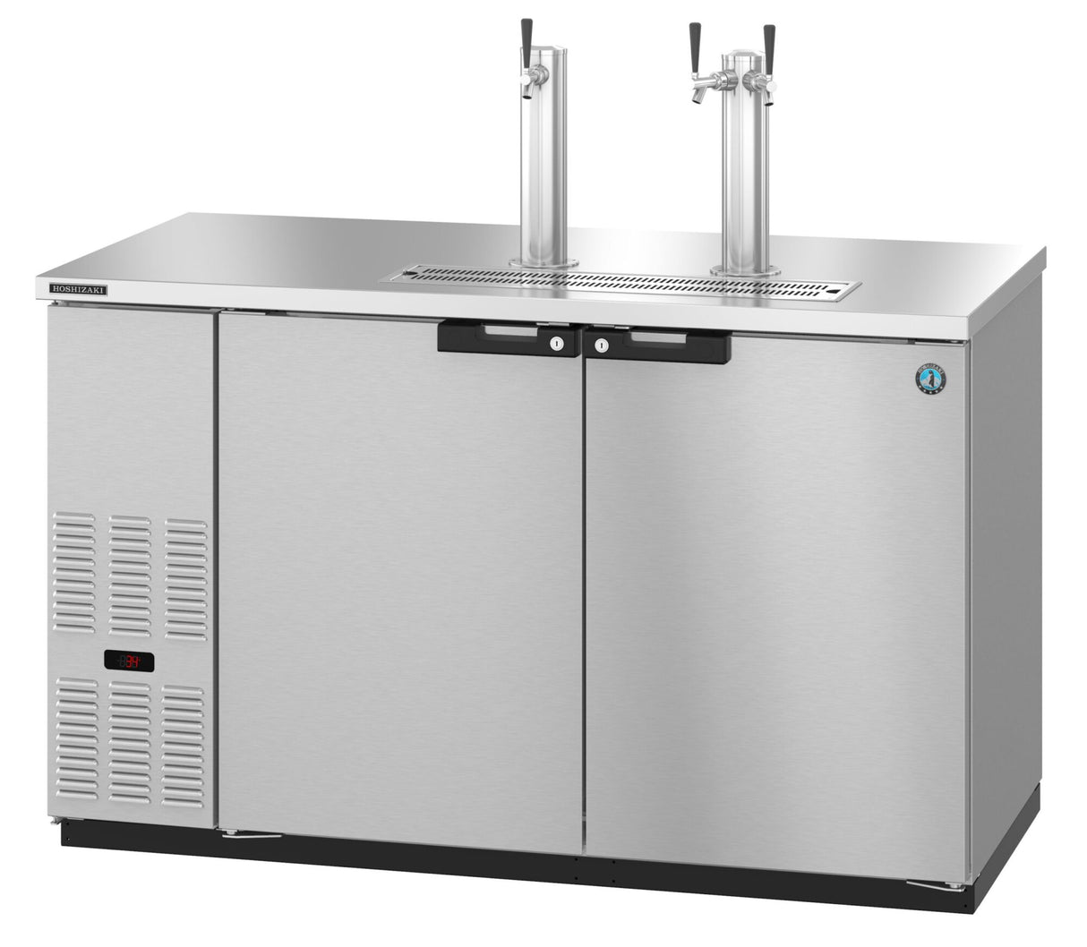 A stainless steel Draft Beer Cooler kegerator with two doors and two tall beer taps on top. The left door features a vented panel at the bottom, while a digital temperature display sits near the lower left. This direct draw unit stands on a black base.