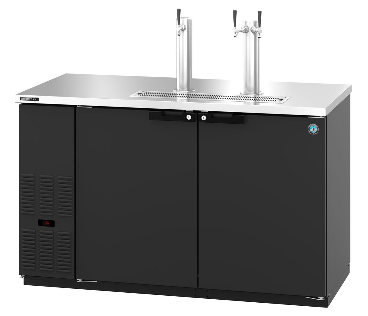 A sleek, modern draft beer cooler with two stainless steel taps and a drip tray on top. This direct draw keg refrigerator features a digital temperature display on the left and dual storage doors below, all in a stylish, clean-lined black exterior.