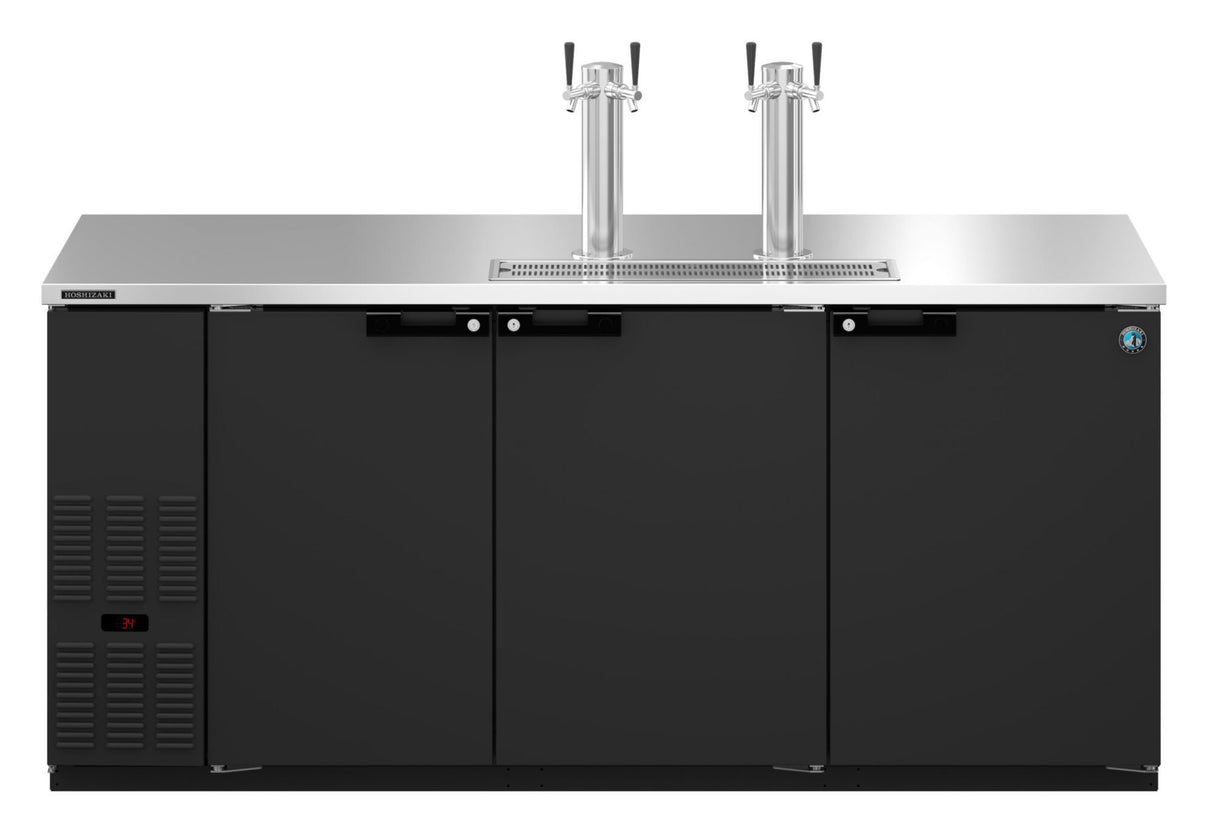 A commercial Hoshizaki 3 Section black triple-door Draft Beer Cooler with a stainless steel top, two polished metal draft towers each with two black tap handles, a drip tray in the middle, and a digital display on the left showing temperature.