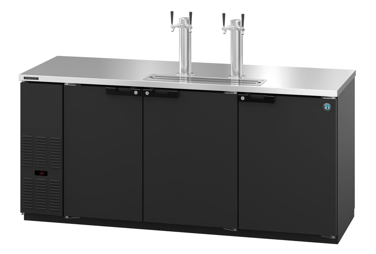 Large commercial Hoshizaki draft beer cooler with 3 section black design, stainless steel countertop, and two silver taps. Features three front doors, left-side ventilation grilles, and a small digital display—perfect for busy bars or restaurants.