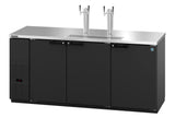Large commercial Hoshizaki draft beer cooler with 3 section black design, stainless steel countertop, and two silver taps. Features three front doors, left-side ventilation grilles, and a small digital display—perfect for busy bars or restaurants.