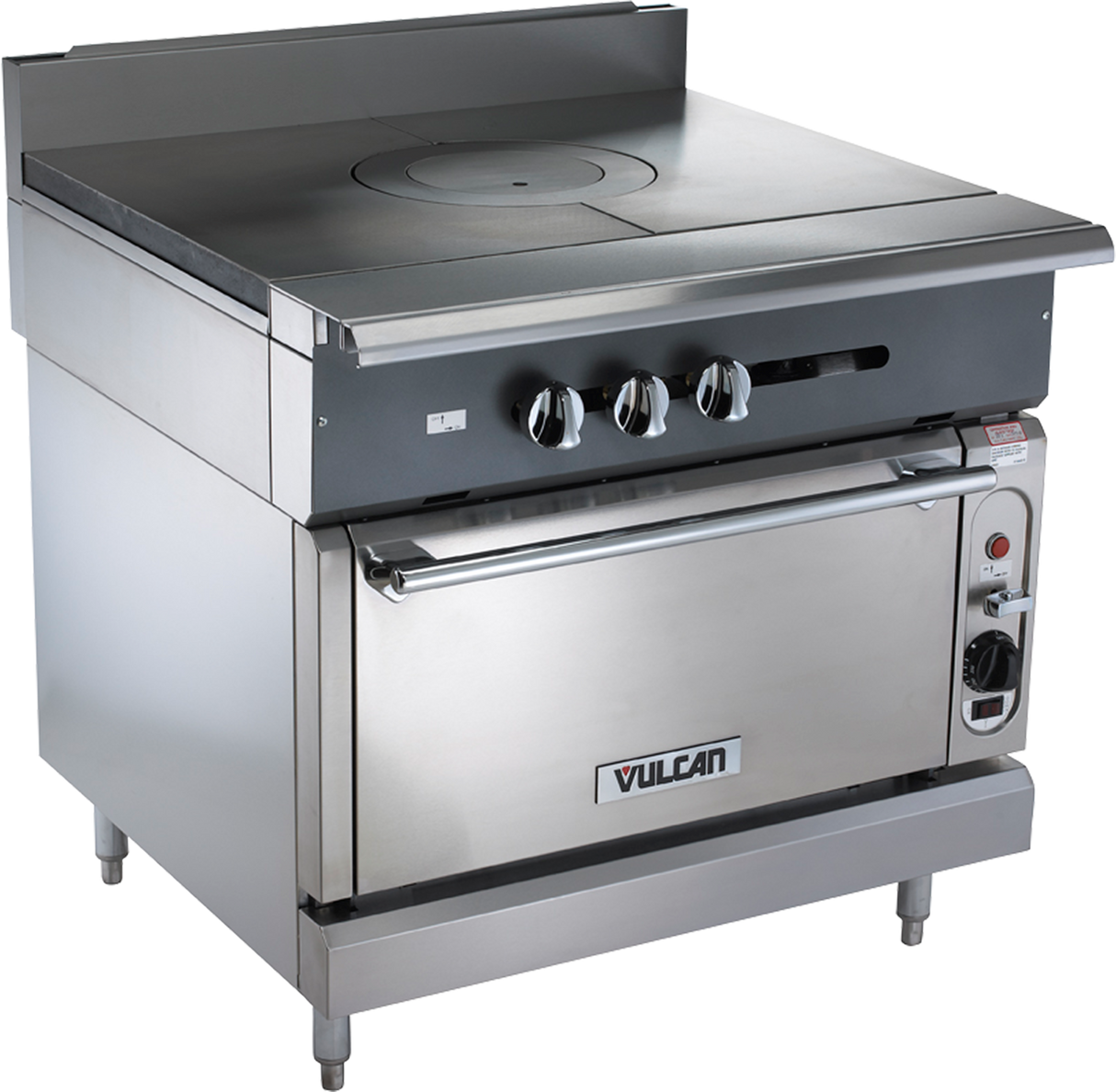 A heavy duty range, the Vulcan V1FT36S features a commercial stainless steel French top with three control knobs, a flat cooking surface, an oven below, adjustable legs, a backsplash, and the distinctive Vulcan logo on the oven door handle.