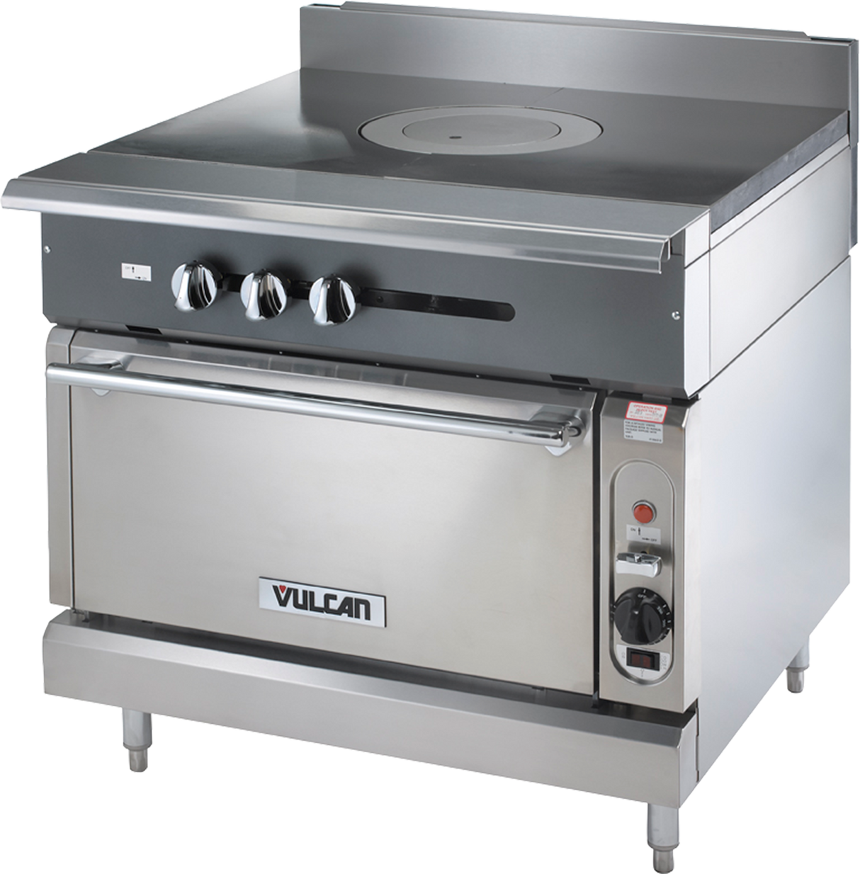 The Vulcan V1FT36S is a heavy duty range with a smooth, solid French top cooking surface, three control knobs, an oven below with a handle, and the Vulcan logo on the oven door. The appliance stands on four short legs.
