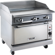 A heavy duty range featuring a 36" griddle, three control knobs, and a gas oven below. The Vulcan brand name appears on the oven door, with a side control panel and temperature dial. Wheels provide mobility for this commercial kitchen essential.
