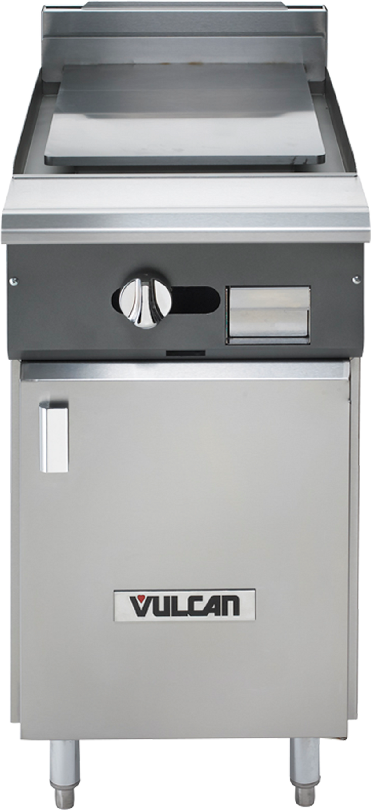 A commercial stainless steel Vulcan V1P18B griddle features a spacious plancha top, control knob, small rectangular display, lower cabinet with handle, and the Vulcan logo on front. The heavy duty range stands sturdy on four legs.