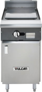 A commercial stainless steel Vulcan V1P18B griddle features a spacious plancha top, control knob, small rectangular display, lower cabinet with handle, and the Vulcan logo on front. The heavy duty range stands sturdy on four legs.