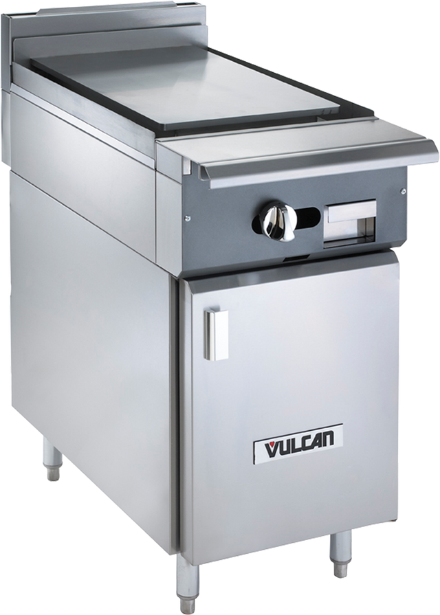 A stainless steel Vulcan V1P18B commercial kitchen griddle features a flat plancha top cooking surface, control knobs, lower storage cabinet, and the Vulcan logo on the front door, all standing on four sturdy legs.