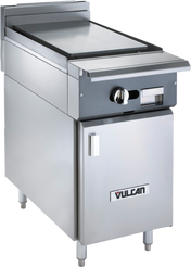 A commercial stainless steel Vulcan V1P18B griddle with a flat plancha top, control knob, temperature gauge, and storage cabinet below. The front features the Vulcan logo, and the heavy duty range stands on four sturdy legs.