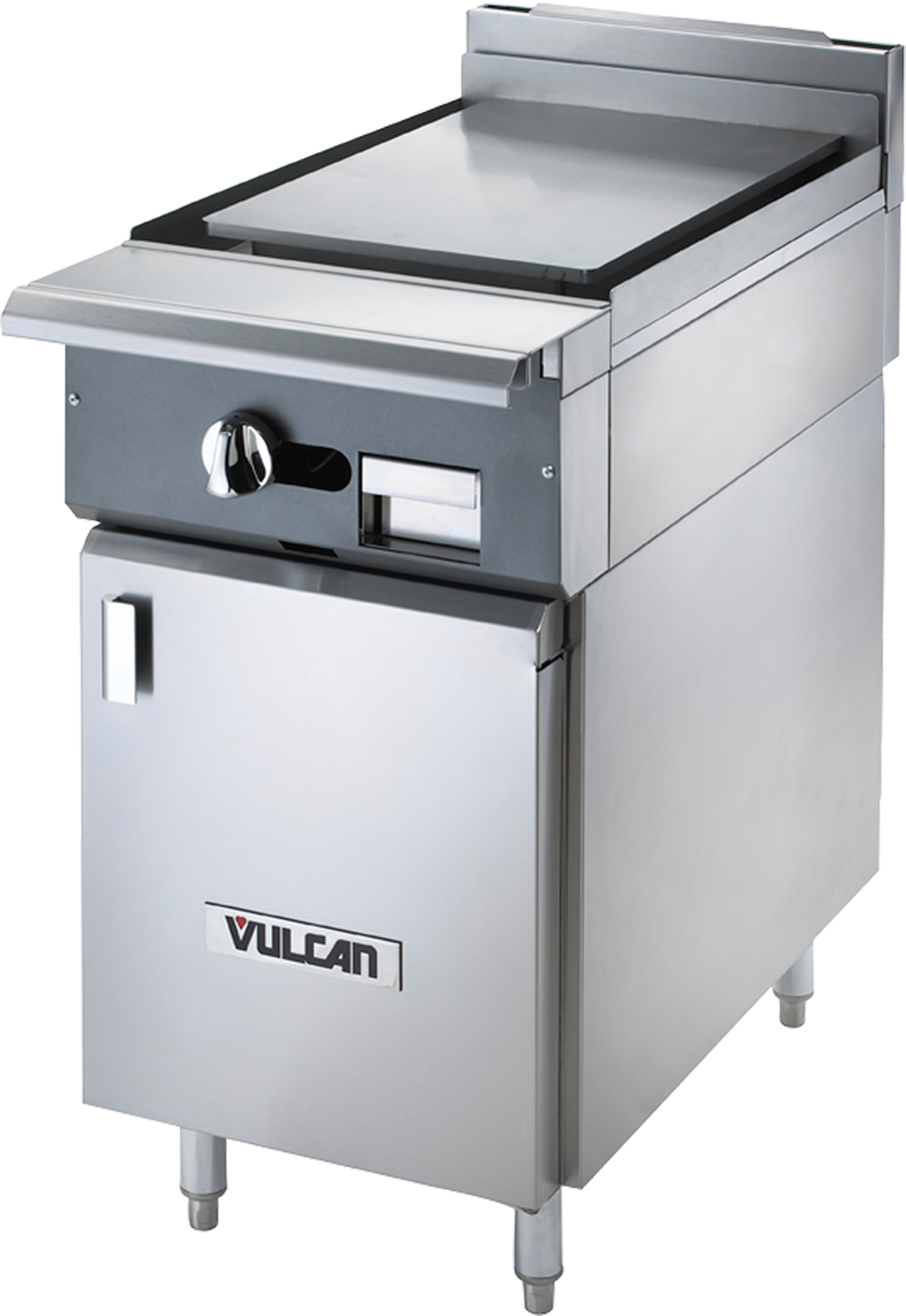The Vulcan V1P18B heavy duty range features a stainless steel flat-top plancha top griddle, single control knob, storage cabinet below, adjustable legs, and a backsplash. The sleek industrial unit showcases the Vulcan logo on the front.