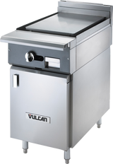 The Vulcan V1P18B heavy duty range features a stainless steel flat-top plancha top griddle, single control knob, storage cabinet below, adjustable legs, and a backsplash. The sleek industrial unit showcases the Vulcan logo on the front.