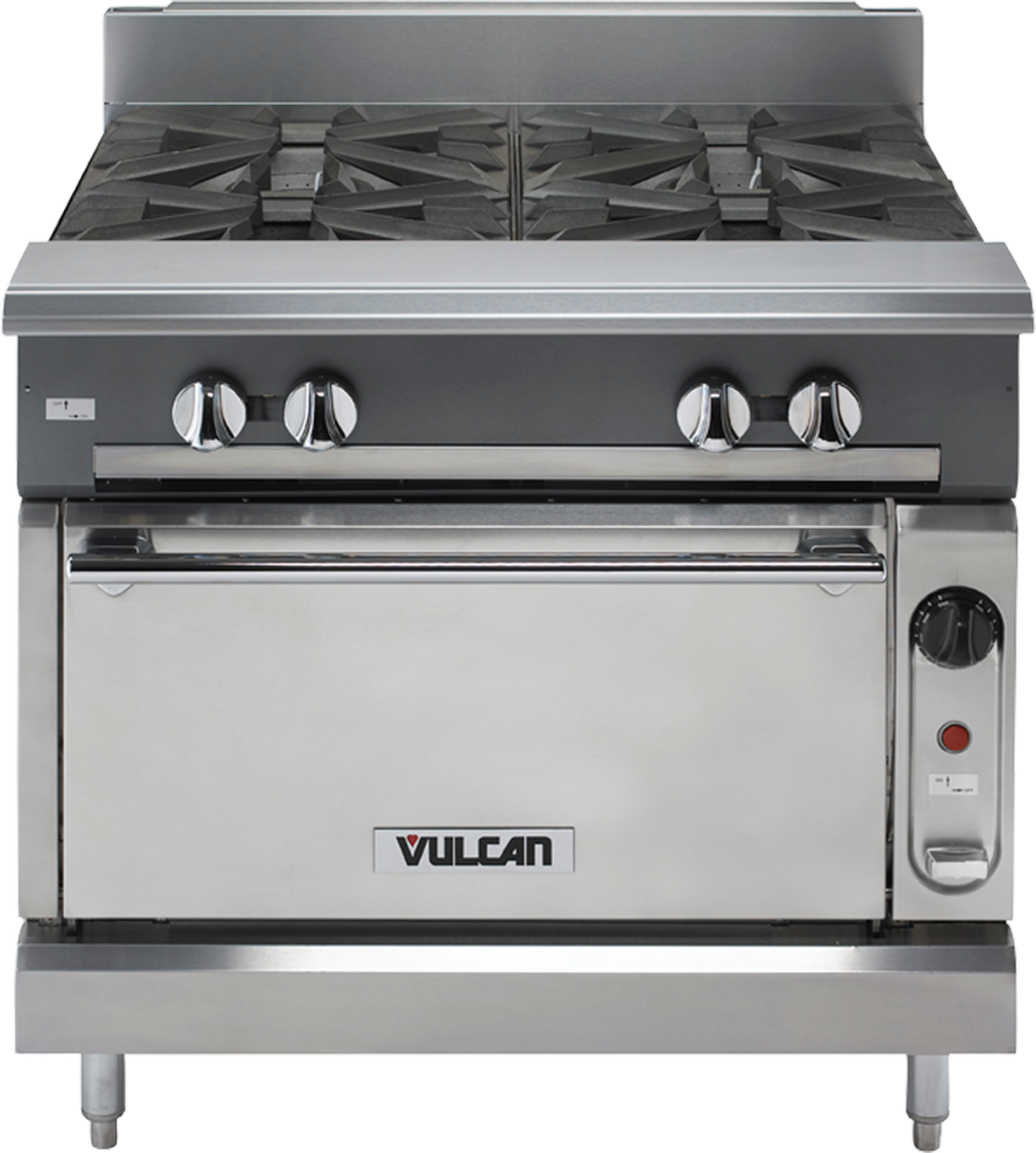 A commercial stainless steel Vulcan V4B36S heavy duty range with six black burner grates, four control knobs, a large oven door featuring the Vulcan logo, and a thermostat dial on the right. The design is industrial and modern.