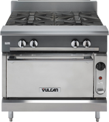 A commercial stainless steel Vulcan V4B36S heavy duty range with six black burner grates, four control knobs, a large oven door featuring the Vulcan logo, and a thermostat dial on the right. The design is industrial and modern.