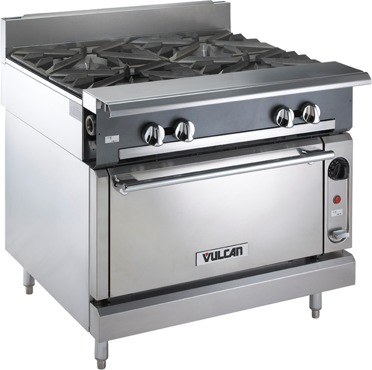A stainless steel Heavy Duty Range with four large gas burners on top, control knobs on the front panel, a standard oven below with handle, and “Vulcan” branding on the oven door. The appliance stands sturdily on four metal legs.