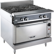 This heavy duty range, the Vulcan V4B36S, features four large gas burners and a spacious oven below. With sturdy legs, a backsplash, and easy-to-use controls, this stainless steel gas range is built for demanding commercial kitchens.